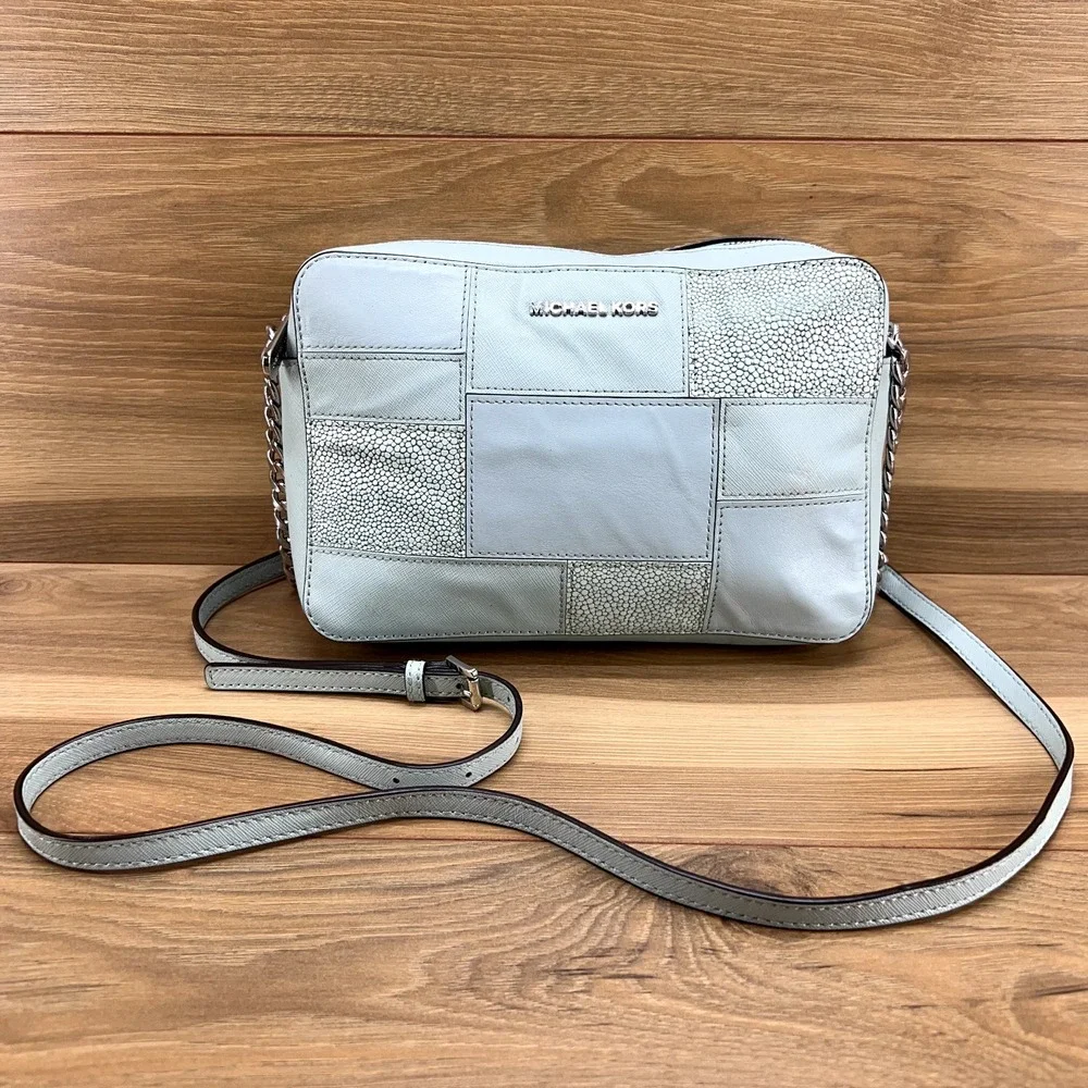 Michael‎ Kors Patchwork Crossbody Zip Chain Robin Egg Blue Saffiano
